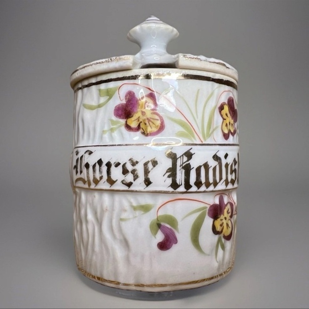 Antique Victorian Porcelain Horseradish Pot Jar Hand Painted Floral Gilt Lid